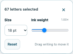 Actual Wrytely editing controls for selected handwriting size and ink weight