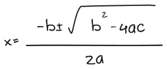 A real handwritten quadratic formula with a stacked fraction and radical