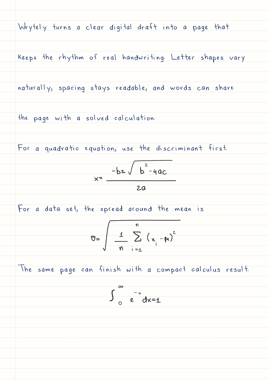 Real Wrytely output showing handwritten text and three complex equations on ruled notebook paper